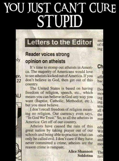 Letters to the Editor: Reader Voices Strong Opinion on Atheists
