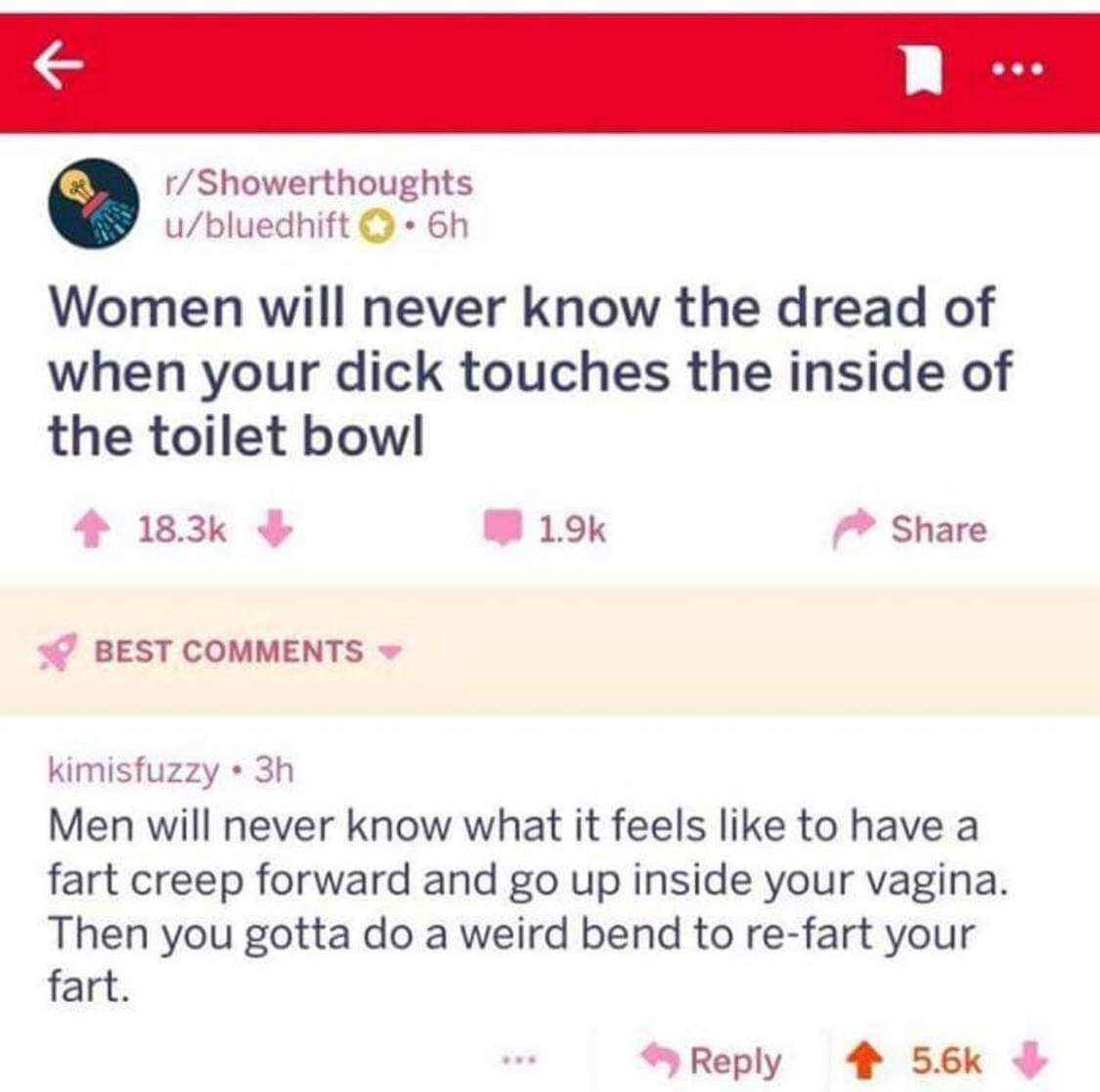 Showerthought: Women will never know the dread of touching the toilet bowl