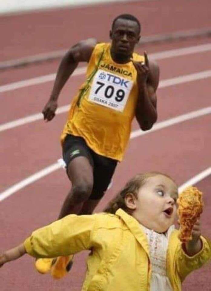 Jamaican Runner and Child with Chicken on Track
