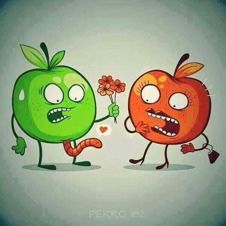 Anthropomorphic Fruits with Worm and Flowers